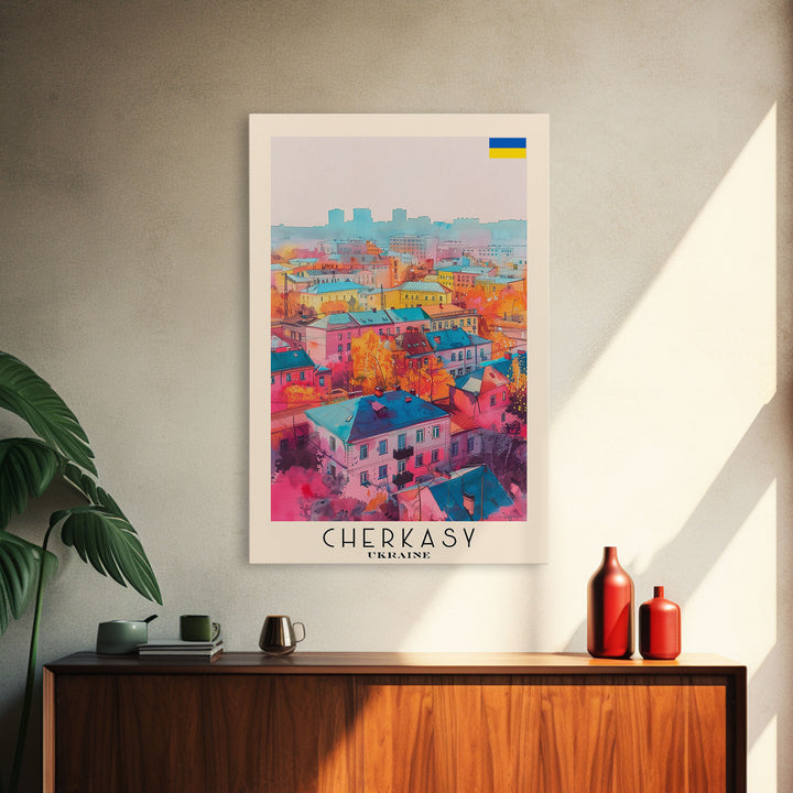Cherkasy Ukraine Travel Poster Framed Canvas Print, Wall Art, Home Decor, Travel Print, Boho Watercolor Painting, Original Art