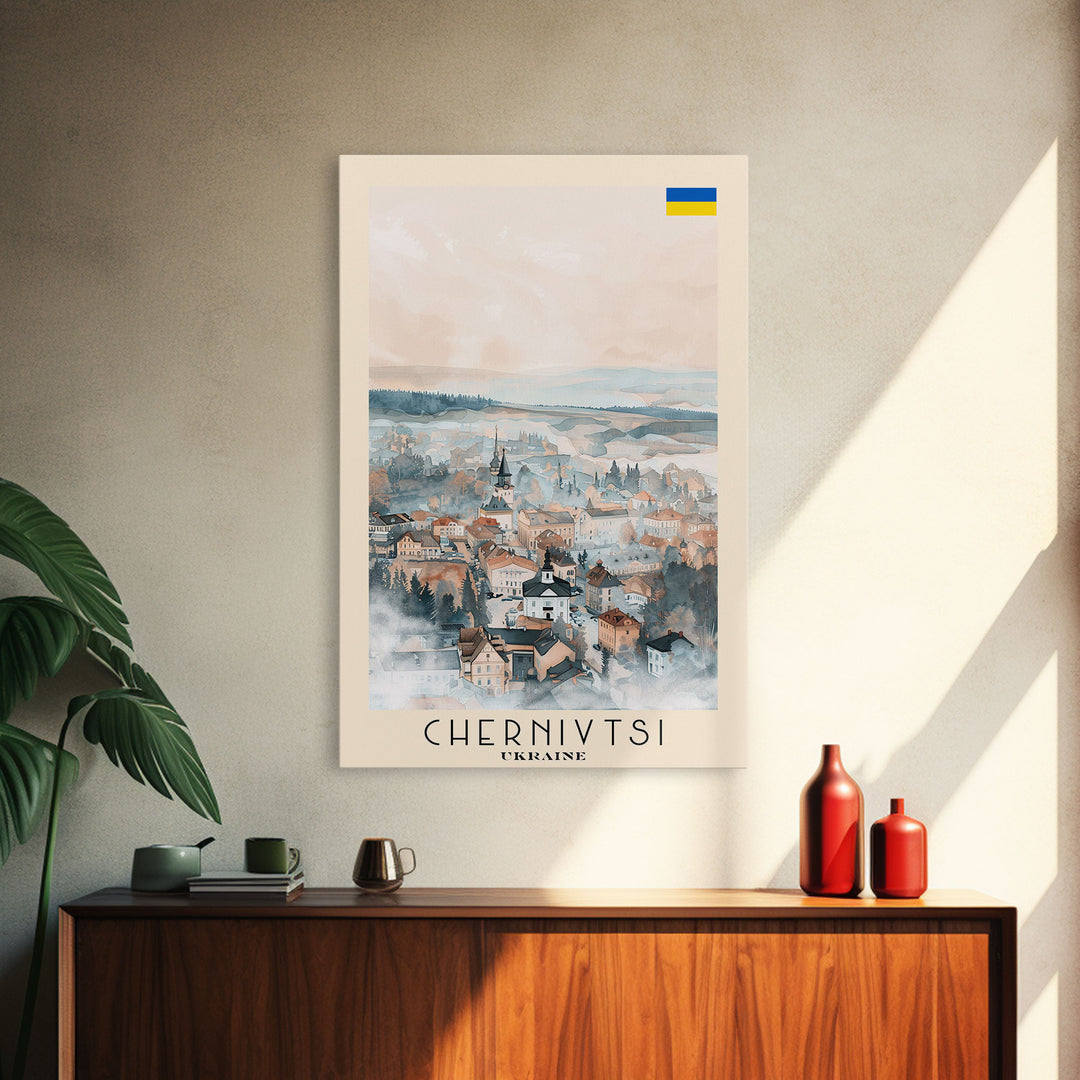 Chernivtsi Ukraine Travel Poster Framed Canvas Print, Wall Art, Home Decor, Travel Print, Minimalist Watercolor Painting, Original Art