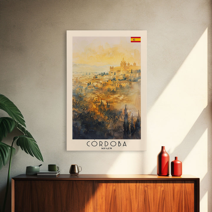 Cordoba Spain Travel Poster, Framed Canvas Print, Watercolor Cityscape Art, Wall Decor, Living Room Artwork, Home Decor, Original Painting, Travel Print