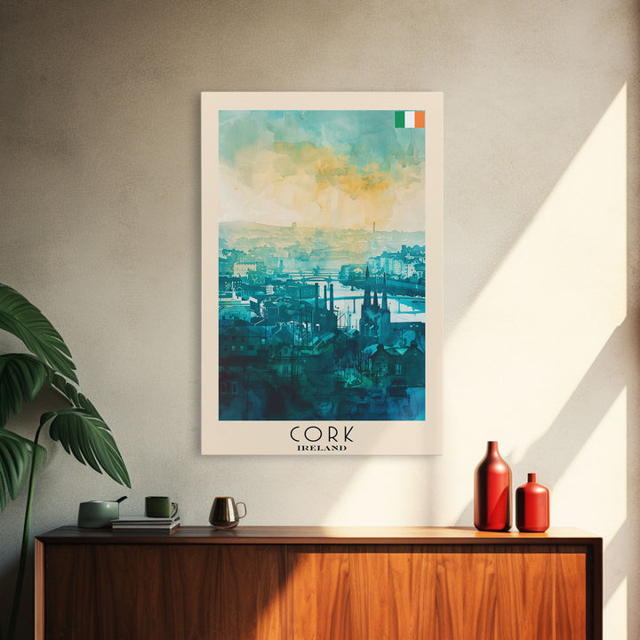 Cork Ireland Watercolor Travel Poster, Framed Canvas Print, Cityscape Wall Art, Home Decoration, Living Room Decor, Original Artwork, Travel Print