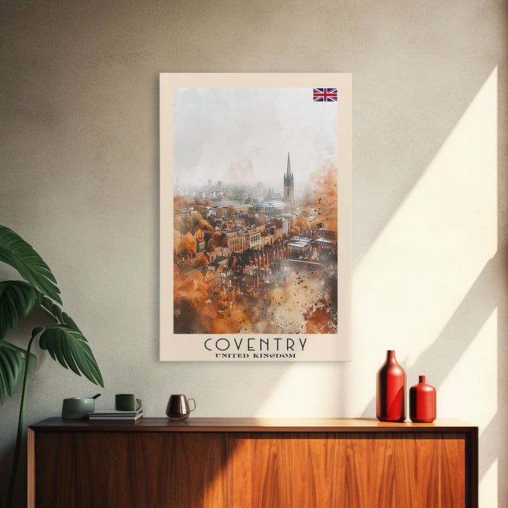 Coventry United Kingdom Travel Poster, Framed Canvas Print, Abstract Cityscape Wall Art, Home Decor, Living Room Decoration, Watercolor Art, Travel Print