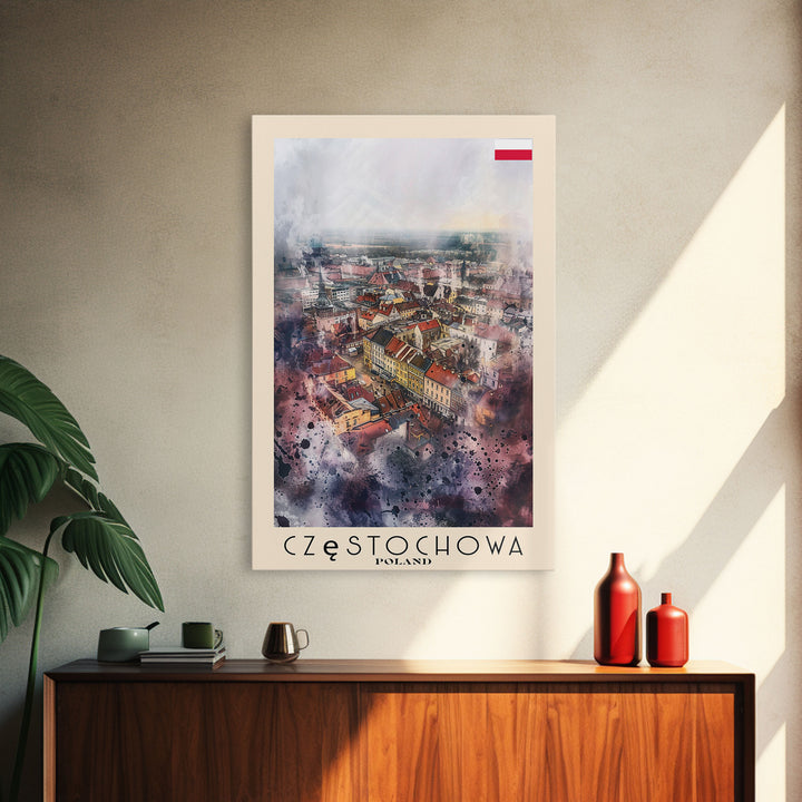 Czestochowa Poland Framed Canvas Print, Watercolor Travel Poster, Cityscape Wall Art, Home Decor, Living Room Artwork, Original Art, Travel Print