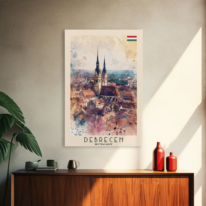 Debrecen Hungary Travel Poster, Framed Canvas Print, Watercolor Cityscape, Home Decor, Living Room Wall Art, Original Painting, Travel Print