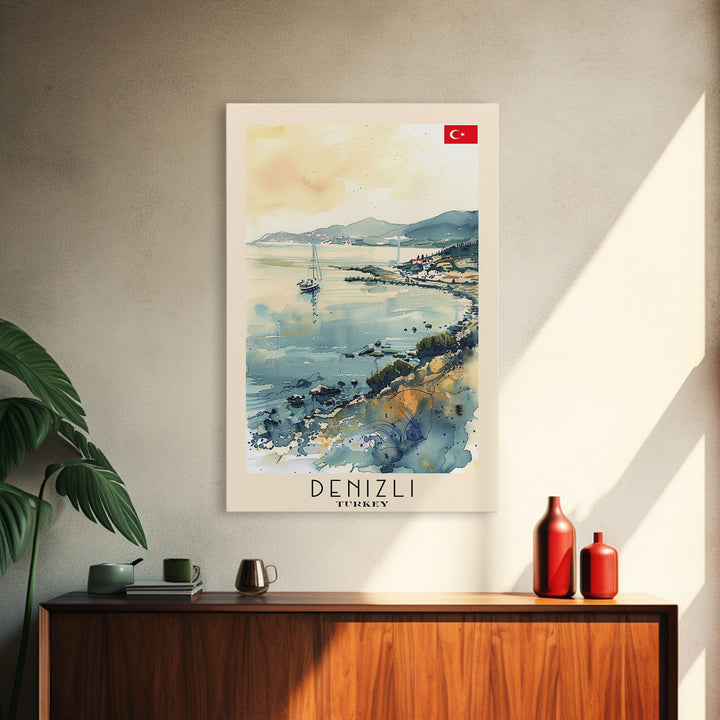 Denizli Turkey Watercolor Travel Poster, Framed Canvas Print, Coastal Cityscape Wall Art, Home Decor, Living Room Decoration, Original Artwork, Travel Print