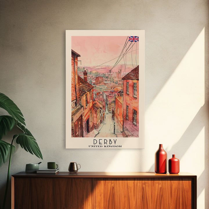 Derby United Kingdom Scenic Watercolor Framed Canvas Print, Vintage Travel Poster, British Wall Art, Rustic Home Decor, Retro Urban Artwork, Living Room Decoration