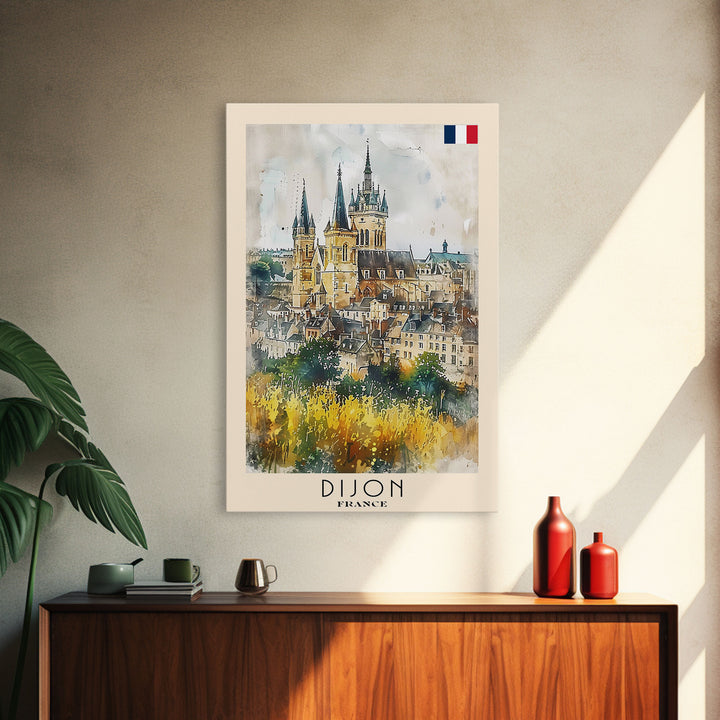 Dijon France Historic Landmark Framed Canvas Print, Watercolor Travel Poster, French Heritage Art, Classic Home Decor, Retro Wall Art, Living Room Piece