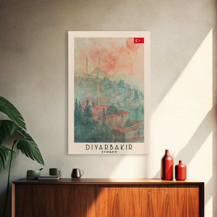 Diyarbakir Turkey Cultural Heritage Framed Canvas Print, Vintage Travel Poster, Turkish Watercolor Art, Exotic Home Decor, Historical Wall Art, Living Room Display