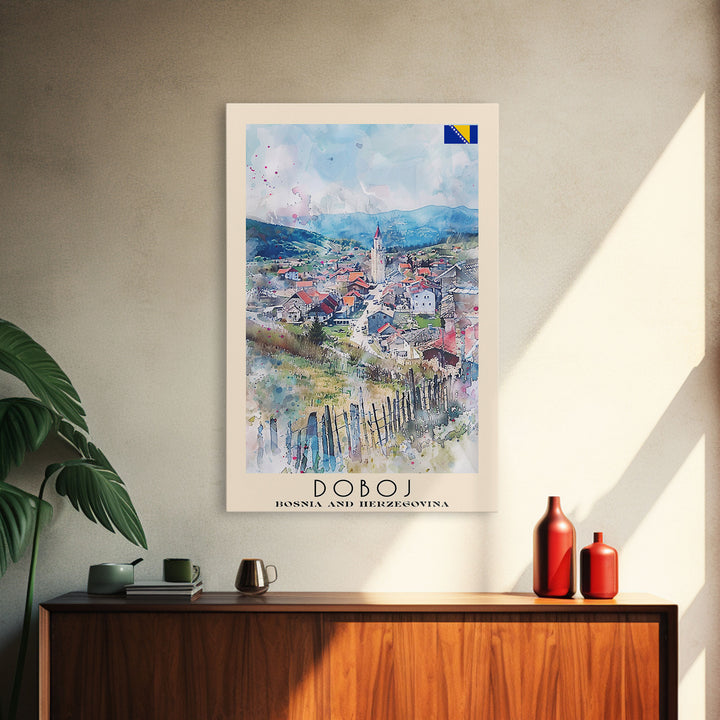 Doboj Bosnia and Herzegovina Countryside Framed Canvas Print, Watercolor Travel Poster, Bosnian Scenic Art, Cozy Home Decor, Rustic Wall Art, Living Room Decor