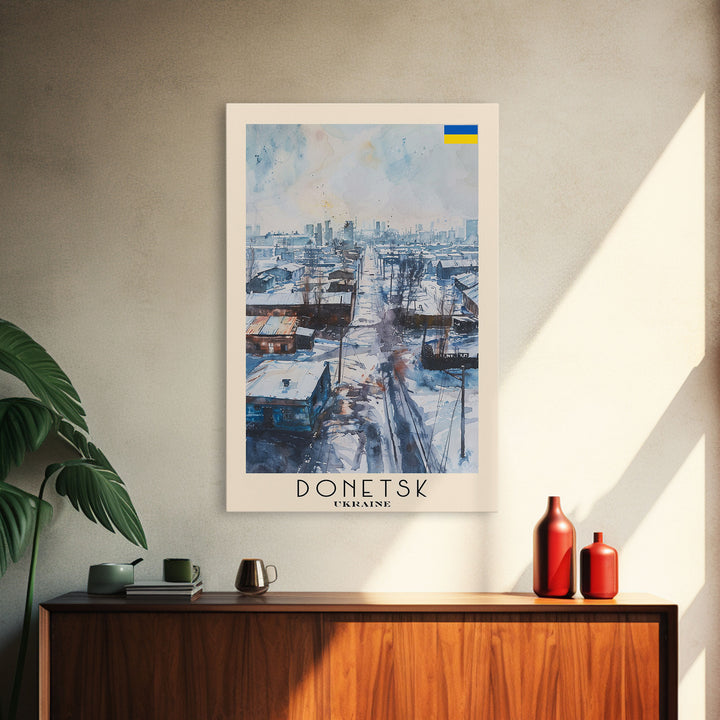 Donetsk Ukraine Winter Scene Framed Canvas Print, Watercolor Travel Poster, Ukrainian Urban Art, Cold Season Decor, Unique Wall Art, Living Room Decoration