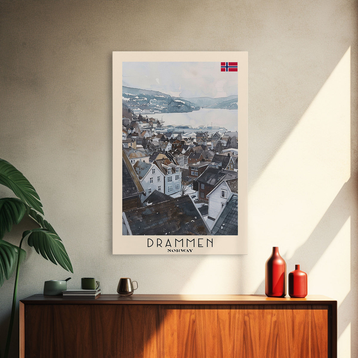 Drammen Norway Serene Landscape Framed Canvas Print, Watercolor Travel Poster, Norwegian Scenic Art, Tranquil Home Decor, Peaceful Wall Art, Living Room Beauty