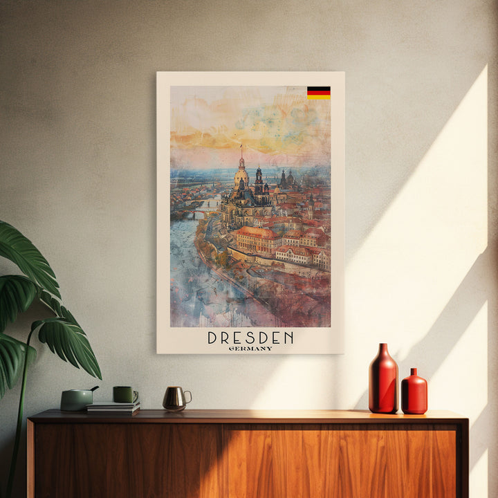 Dresden Germany Architectural Marvel Framed Canvas Print, Watercolor Travel Poster, German Historical Art, Elegant Home Decor, Classic Wall Art, Living Room Centerpiece