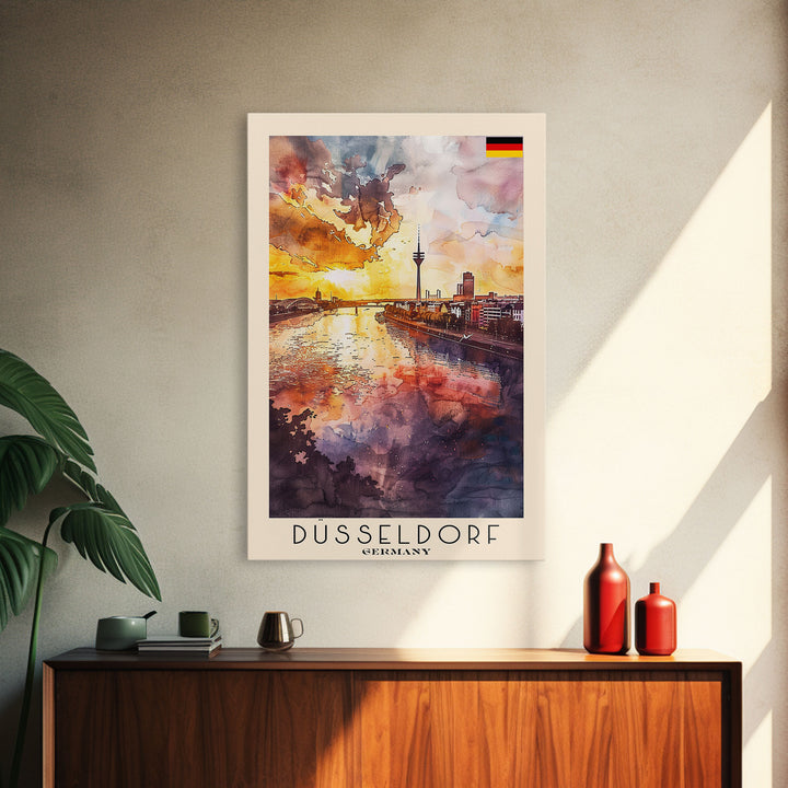 Dusseldorf, Germany Sunset Framed Canvas Print. Striking Wall Art for Living Room or Bedroom, Urban Travel Poster Decor.