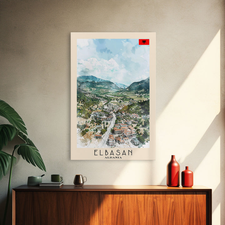 Elbasan, Albania Framed Canvas Print. Mountain Charm Wall Art for Living Room or Bedroom, Scenic Travel Poster Decor.