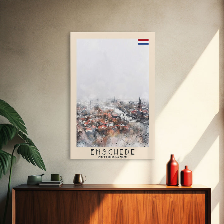 Enschede, Netherlands Framed Canvas Print. Urban Winter Wall Art for Living Room or Bedroom Decor, Travel Poster Art.