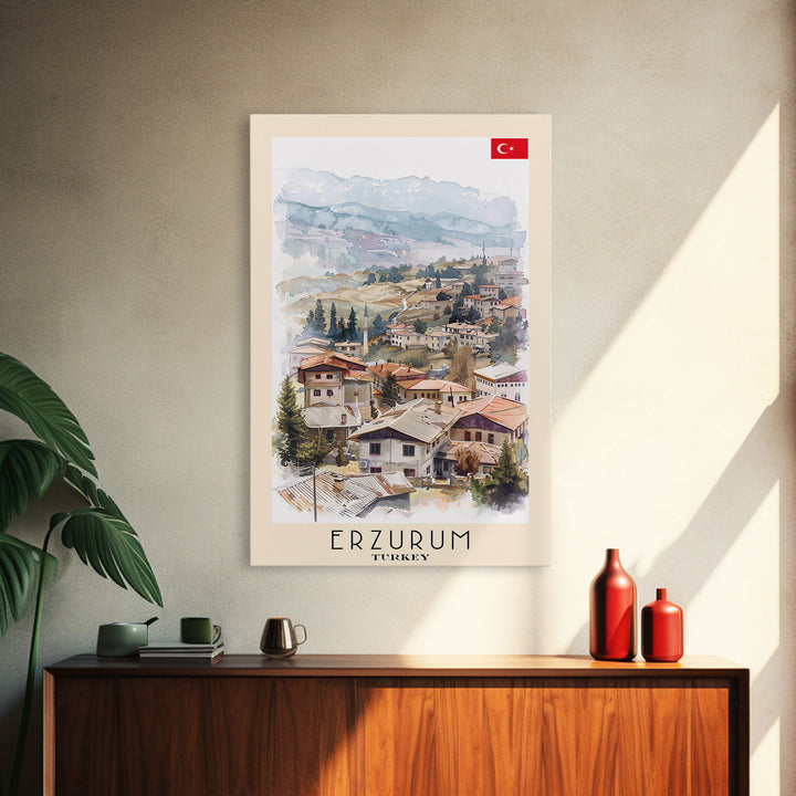 Erzurum Turkey Scenic Watercolor Framed Canvas Print, Stunning Travel Poster Art for Living Room and Bedroom Wall Decor