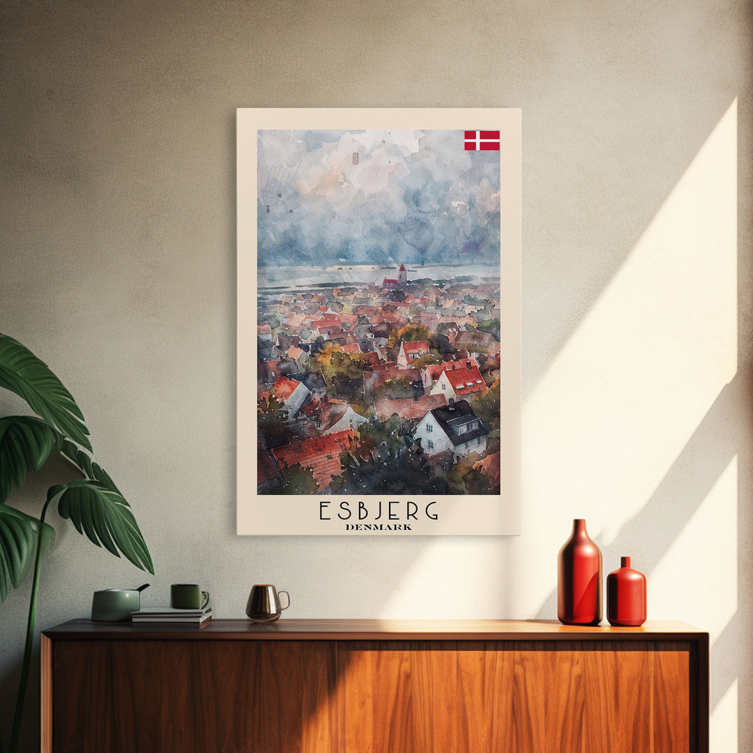 Esbjerg Denmark Skyline Watercolor Framed Canvas Print, Beautiful Travel Poster Art for Home and Office Wall Decor