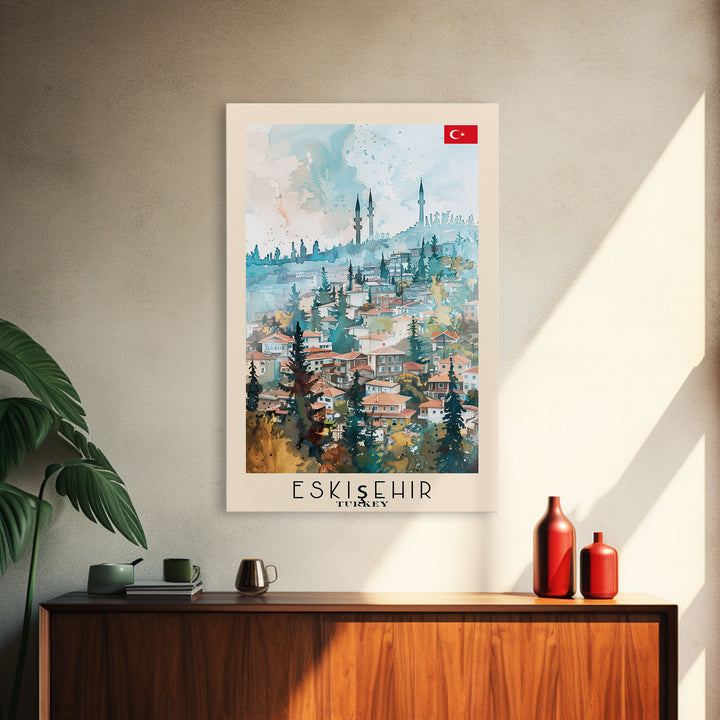 Eskisehir Turkey Charming Watercolor Framed Canvas Print, Captivating Travel Poster Art for Living Room and Bedroom Decor