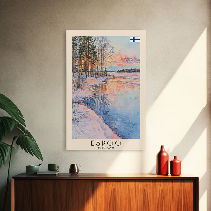 Espoo Finland Serene Landscape Watercolor Framed Canvas Print, Tranquil Travel Poster Art for Home and Office Wall Decor