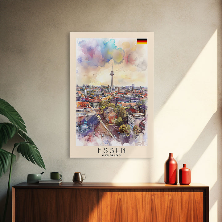 Essen Germany Vibrant Cityscape Watercolor Framed Canvas Print, Dynamic Travel Poster Art for Living Room and Bedroom Decor