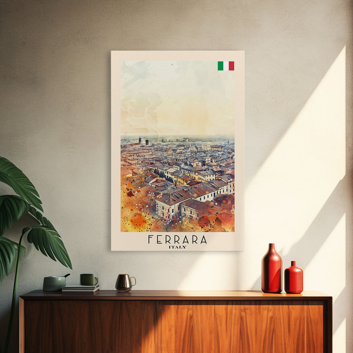 Ferrara Italy Historic Watercolor Framed Canvas Print, Elegant Travel Poster Art for Living Room and Office Wall Decor