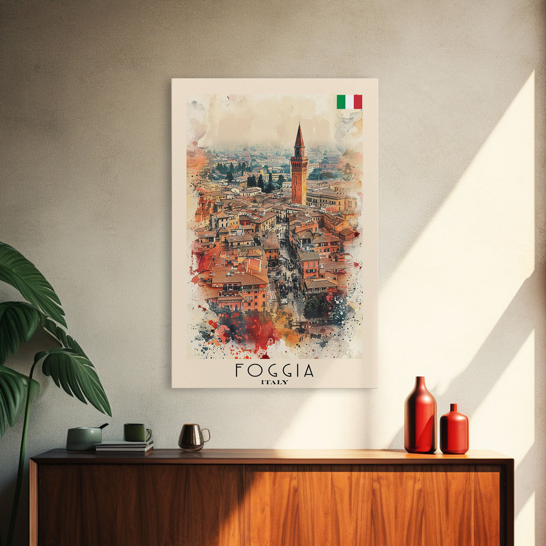 Foggia Italy Architectural Watercolor Framed Canvas Print, Striking Travel Poster Art for Living Room and Office Decor