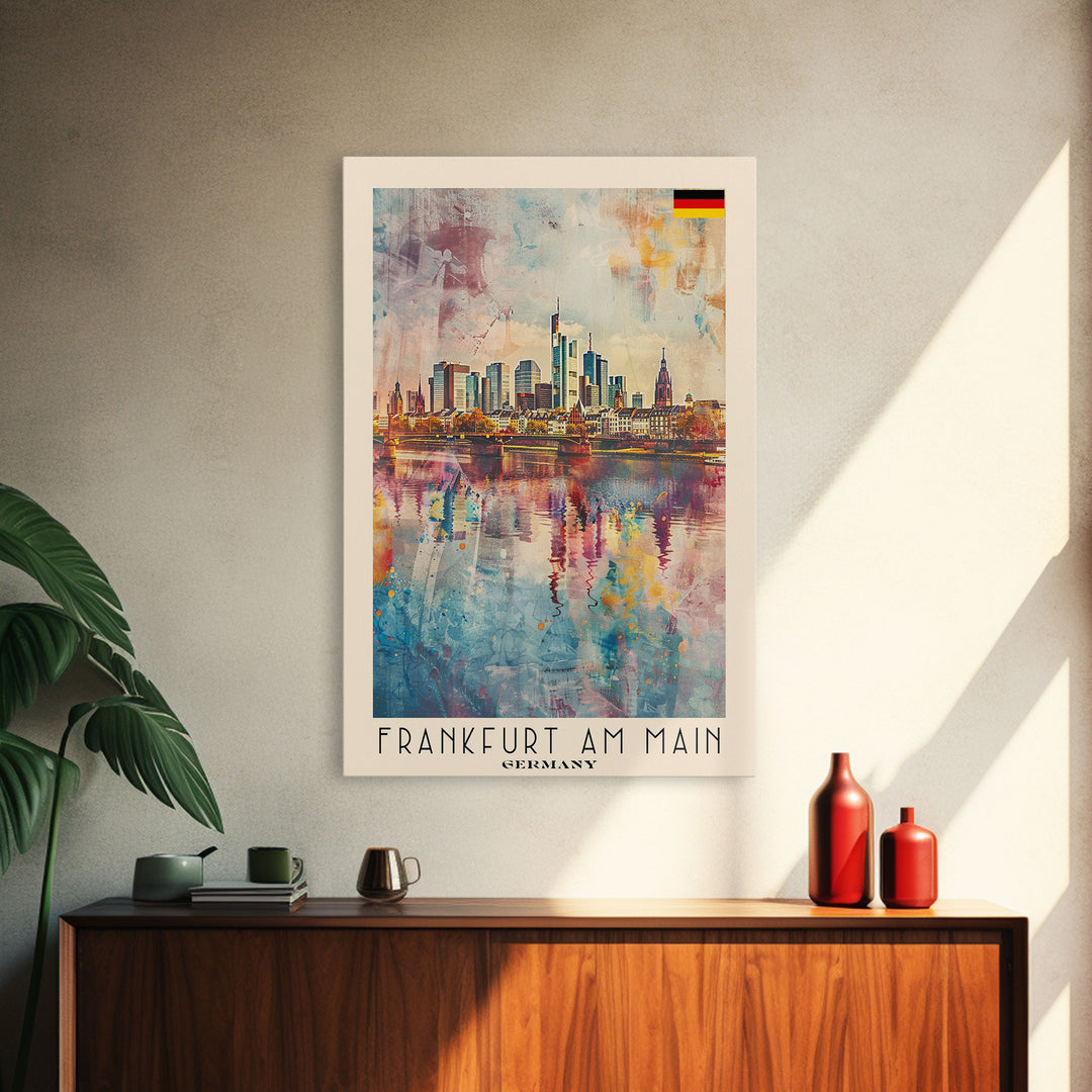 Frankfurt Germany Modern Skyline Watercolor Framed Canvas Print, Contemporary Travel Poster Art for Home and Office Wall Decor