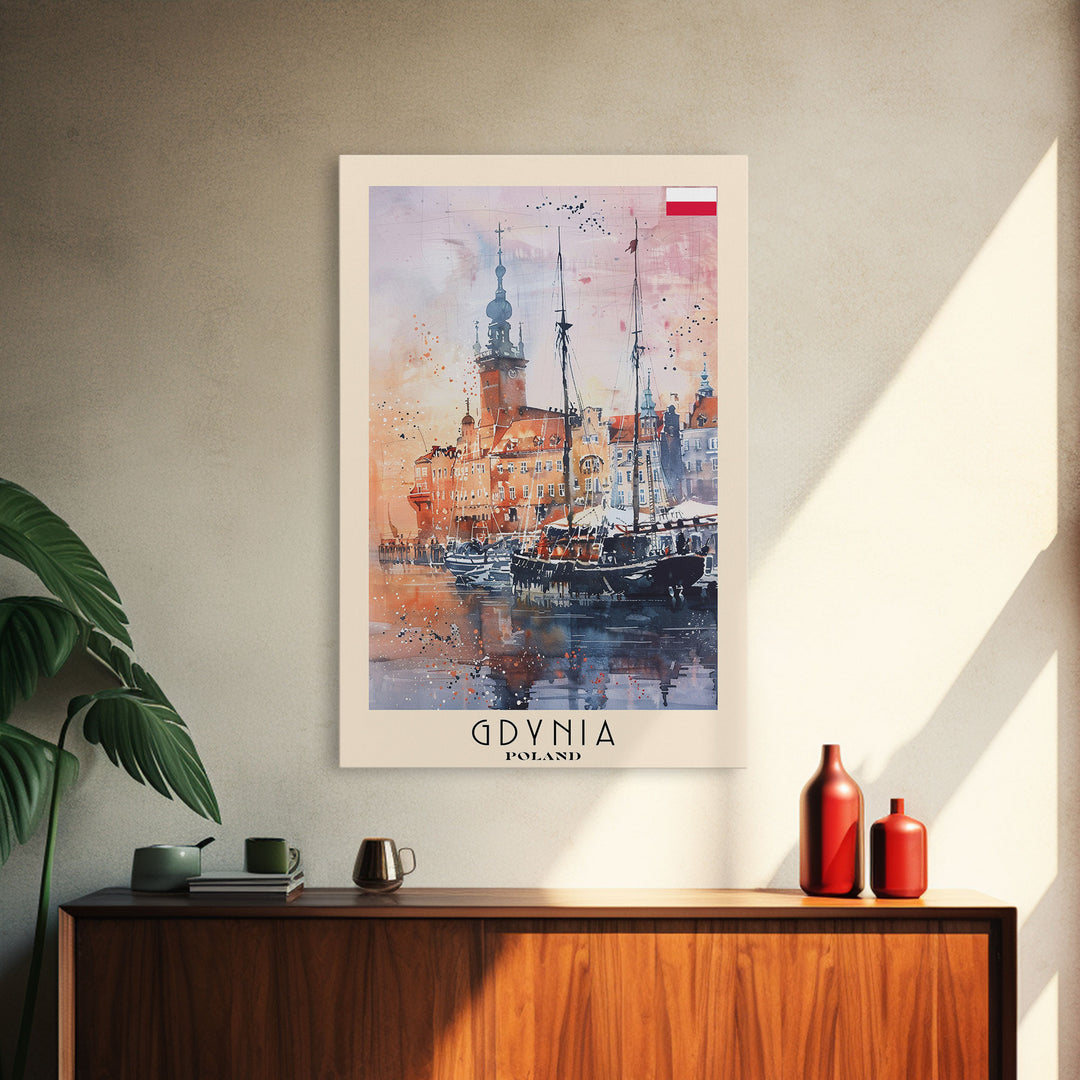 Gdynia, Poland Travel Poster Art, Framed Canvas Print for Living Room or Bedroom, Scenic Harbor Wall Art, Home Decoration