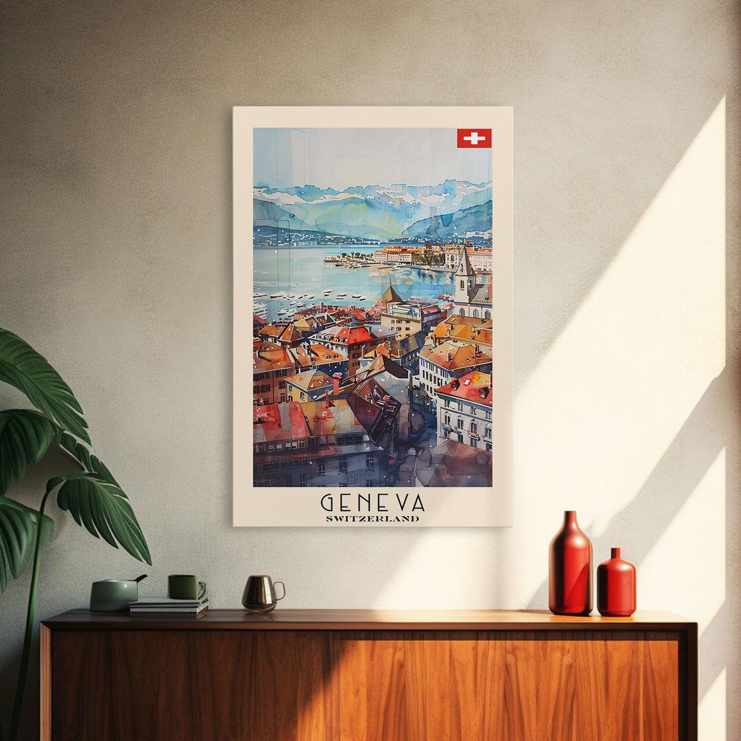 Geneva, Switzerland Travel Poster Art, Framed Canvas Print for Living Room or Bedroom, Scenic Wall Art, Home Decoration
