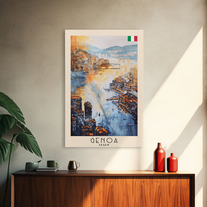 Genoa Italy Watercolor Cityscape Art, Framed Canvas Print, Wall Art for Living Room, Travel Poster Art, Home Decor, Italian Art