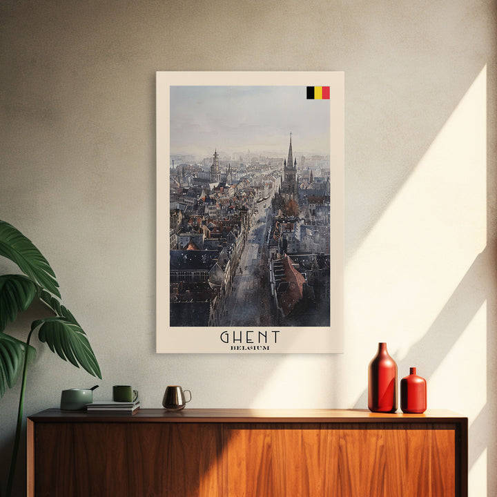 Ghent Belgium Cityscape Art, Framed Canvas Print, Living Room Wall Art, Travel Poster, Home Decoration, European Art