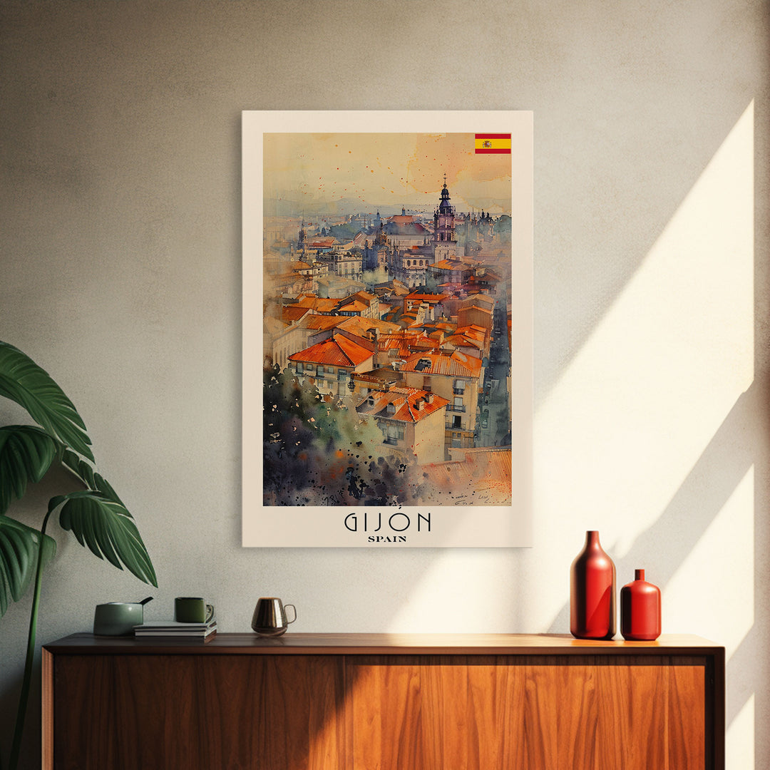 Gijon Spain City View Art, Framed Canvas Print, Bedroom Wall Art, Travel Poster Art, Unique Home Decor