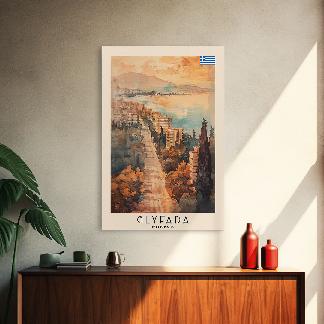 Glyfada Greece Coastline Art, Framed Canvas Print, Living Room Wall Art, Travel Poster, Home Decor, Greek Art