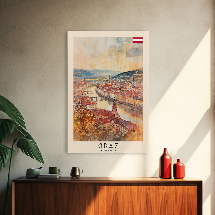 Graz Austria Watercolor Cityscape Art, Framed Canvas Print, Wall Art for Living Room, Travel Poster Art, Home Decor, Austrian Wall Art