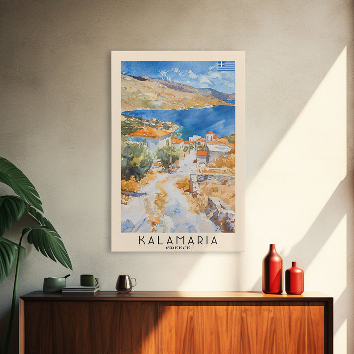 Kalamaria Greece Coastal View, Framed Canvas Print, Travel Poster, Nautical Wall Art, Living Room Decor, Greek Cityscape, Seaside Home Decoration