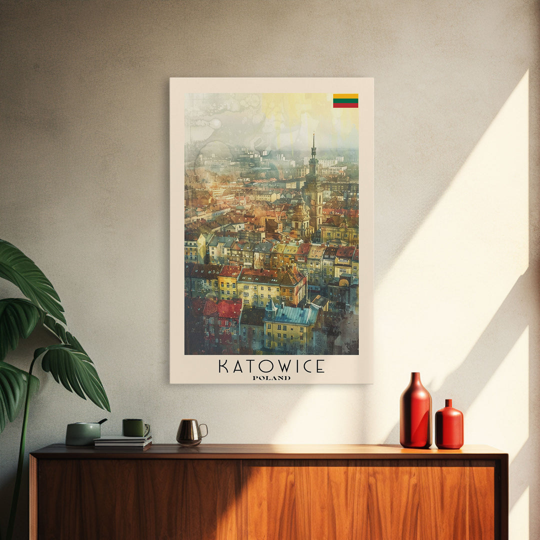 Katowice Poland Cityscape View, Framed Canvas Print, Travel Poster, Wall Art, Home Decoration, Urban Decor, Living Room Art, Polish City