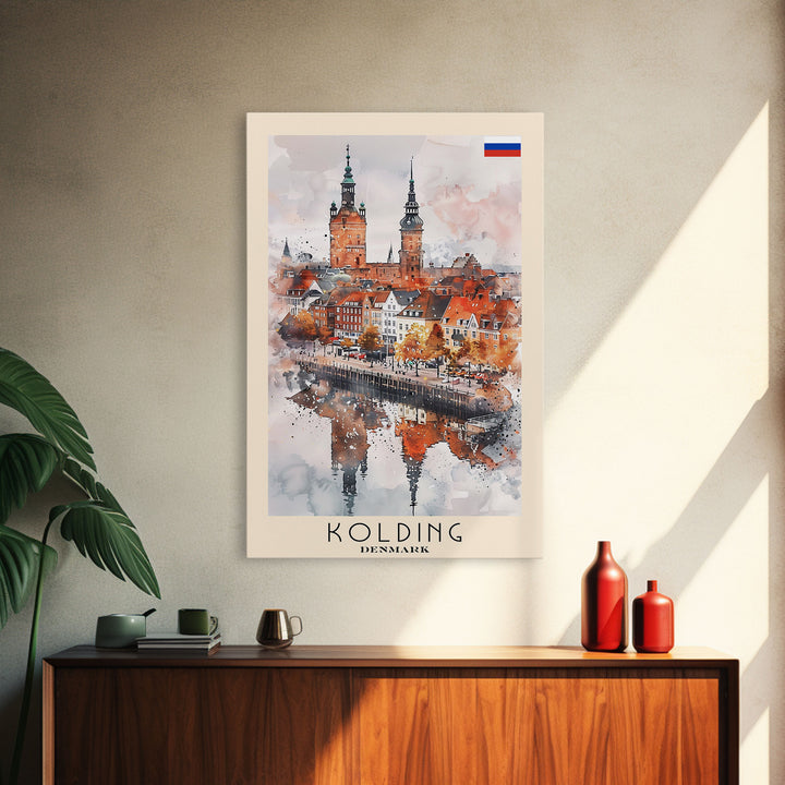 Kolding Denmark Waterfront View, Framed Canvas Print, Travel Poster, Wall Art, Kitchen Decor, Danish Urban Painting, Waterfront Scenery