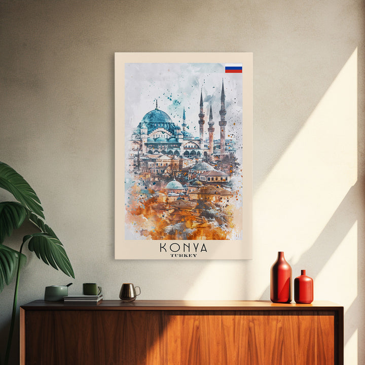 Konya Turkey Historic Cityscape, Framed Canvas Print, Travel Poster, Wall Art, Living Room Decoration, Turkish Heritage Artwork, Historical City Scene