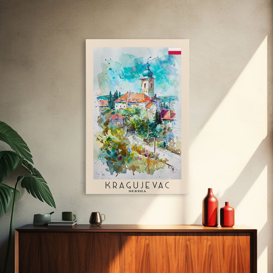 Kragujevac Serbia Travel Poster Framed Canvas Print, Watercolor Painting, Boho Wall Art, Living Room Decor, Scenic Art, Travel Print