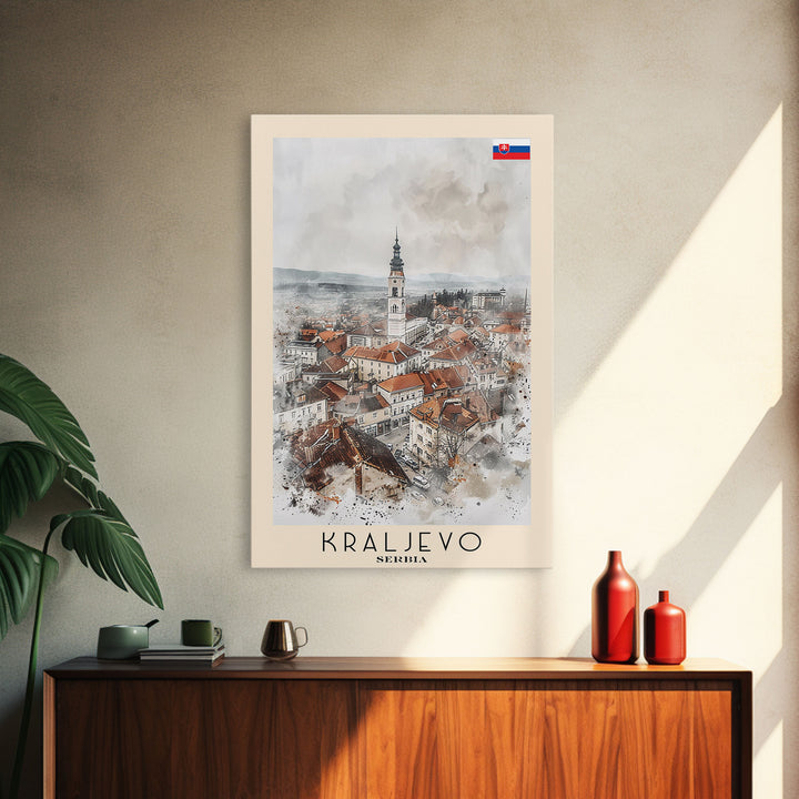Kraljevo Serbia Travel Poster Framed Canvas Print, Urban Landscape, Watercolor Wall Art, Home Decor, Original Art, Travel Print