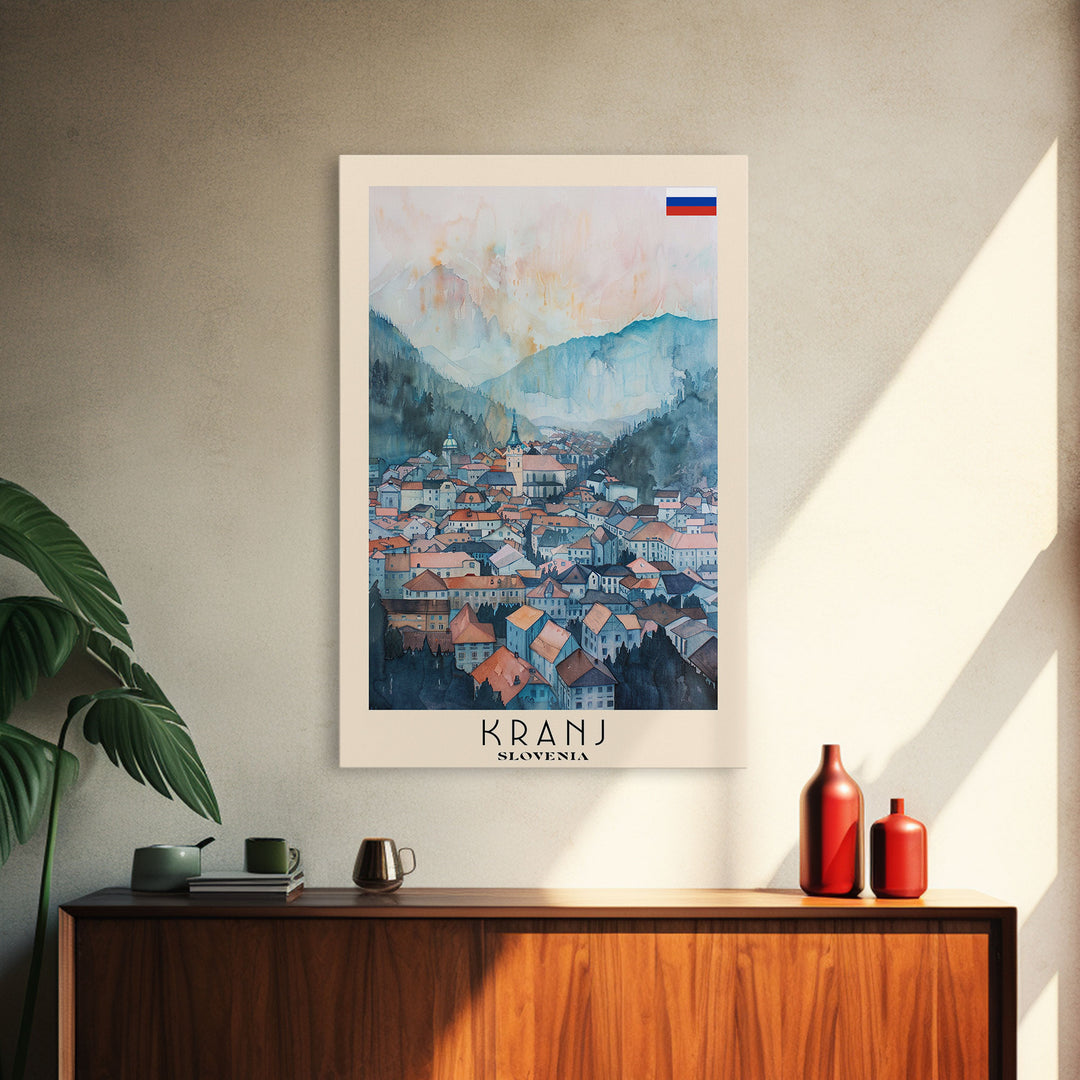 Kranj Slovenia Travel Poster Framed Canvas Print, Watercolor Painting, Scenic Wall Art, Living Room Decor, Artistic Travel Print, Vacation Souvenir