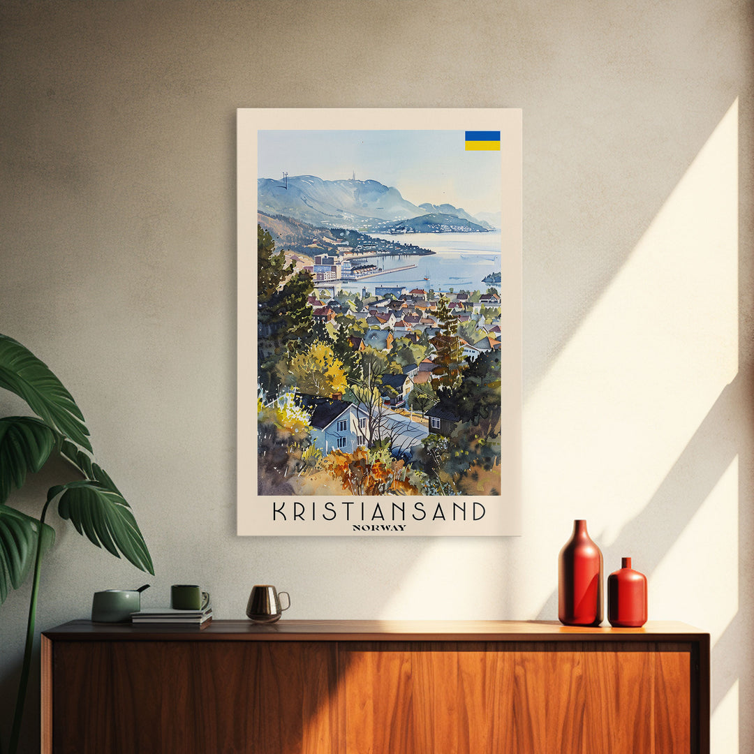 Kristiansand Norway Travel Poster Framed Canvas Print, Scenic Landscape Art, Watercolor Painting, Home Decoration, Travel Print, Artistic Gift