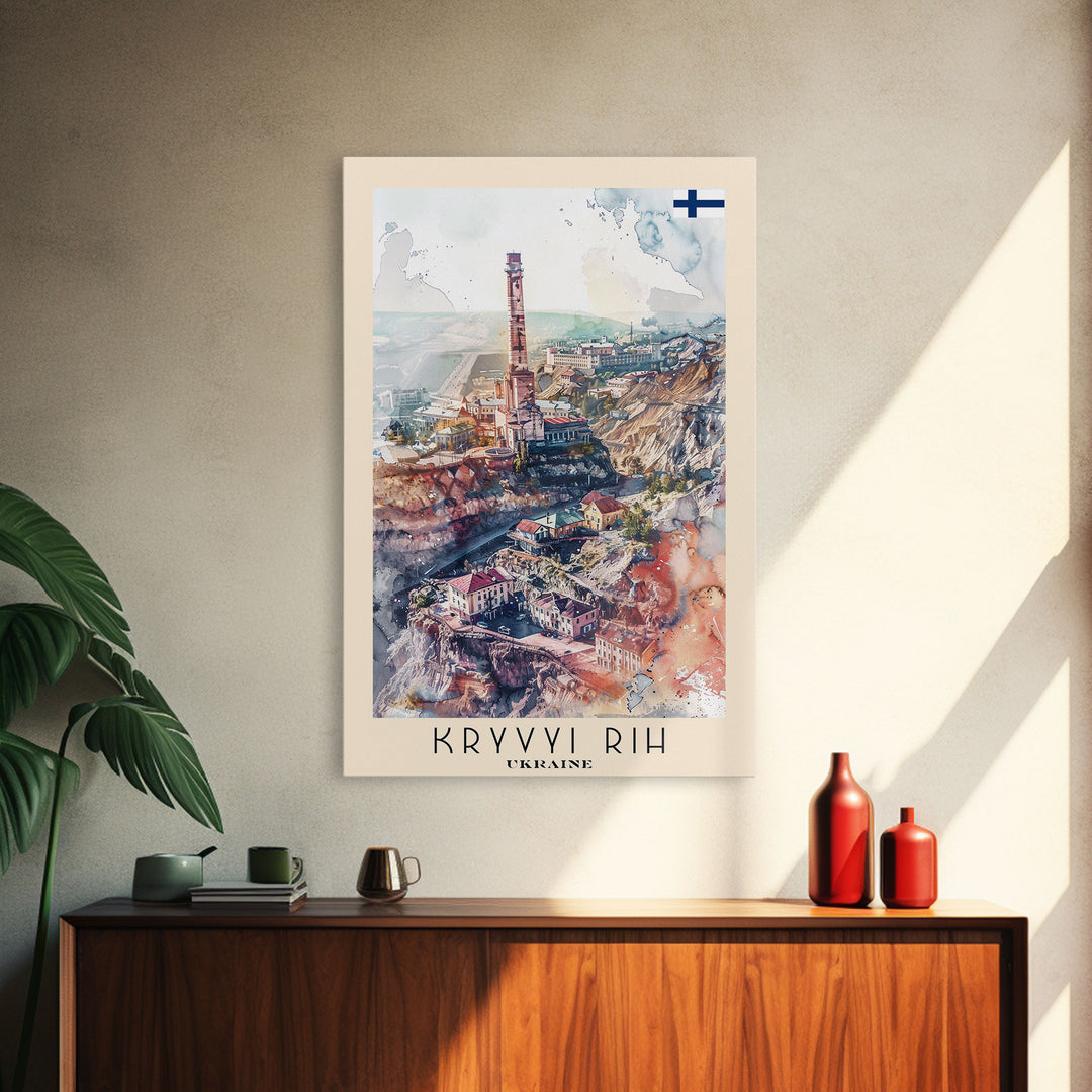Kryvyi Rih Ukraine Travel Poster Framed Canvas Print, Watercolor Cityscape, Home Decor, Wall Art, Travel Print, Original Art
