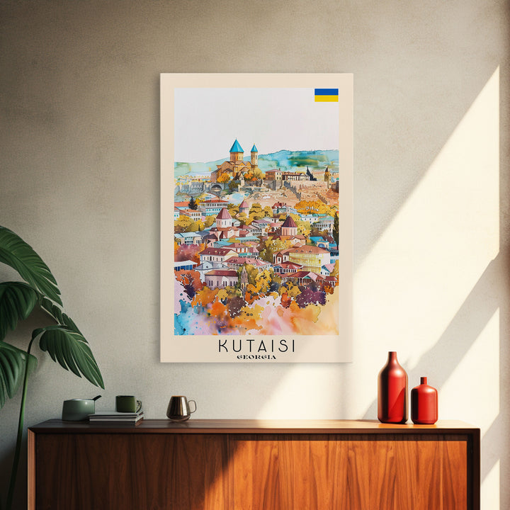 Kutaisi Georgia Travel Poster Framed Canvas Print, Scenic Landscape, Watercolor Art, Wall Decor, Home Decoration, Travel Print, Original Art