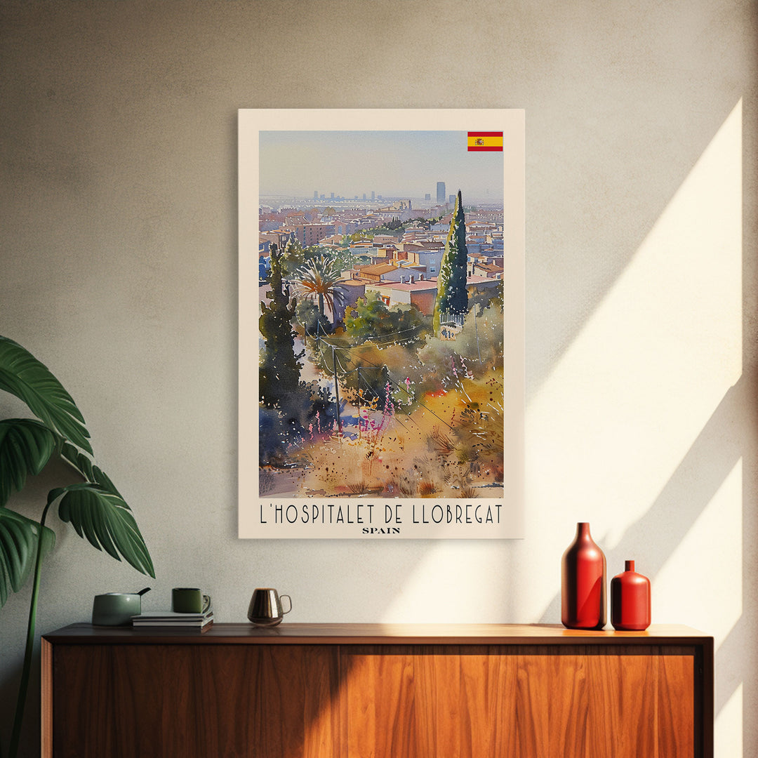 L'Hospitalet Spain Travel Poster Framed Canvas Print, Urban Landscape, Watercolor Painting, Wall Art, Home Decor, Travel Print, Artistic Gift