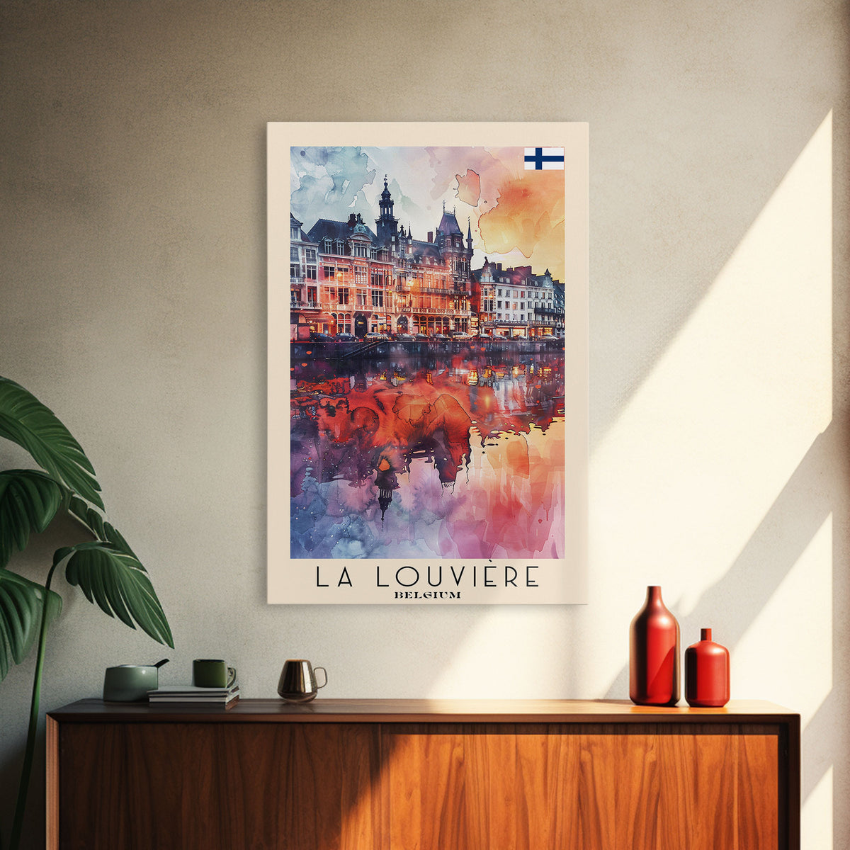 La Louviere Belgium Travel Poster Framed Canvas Print, Urban Landscape, Watercolor Art, Wall Decor, Home Decor, Travel Print, Original Art