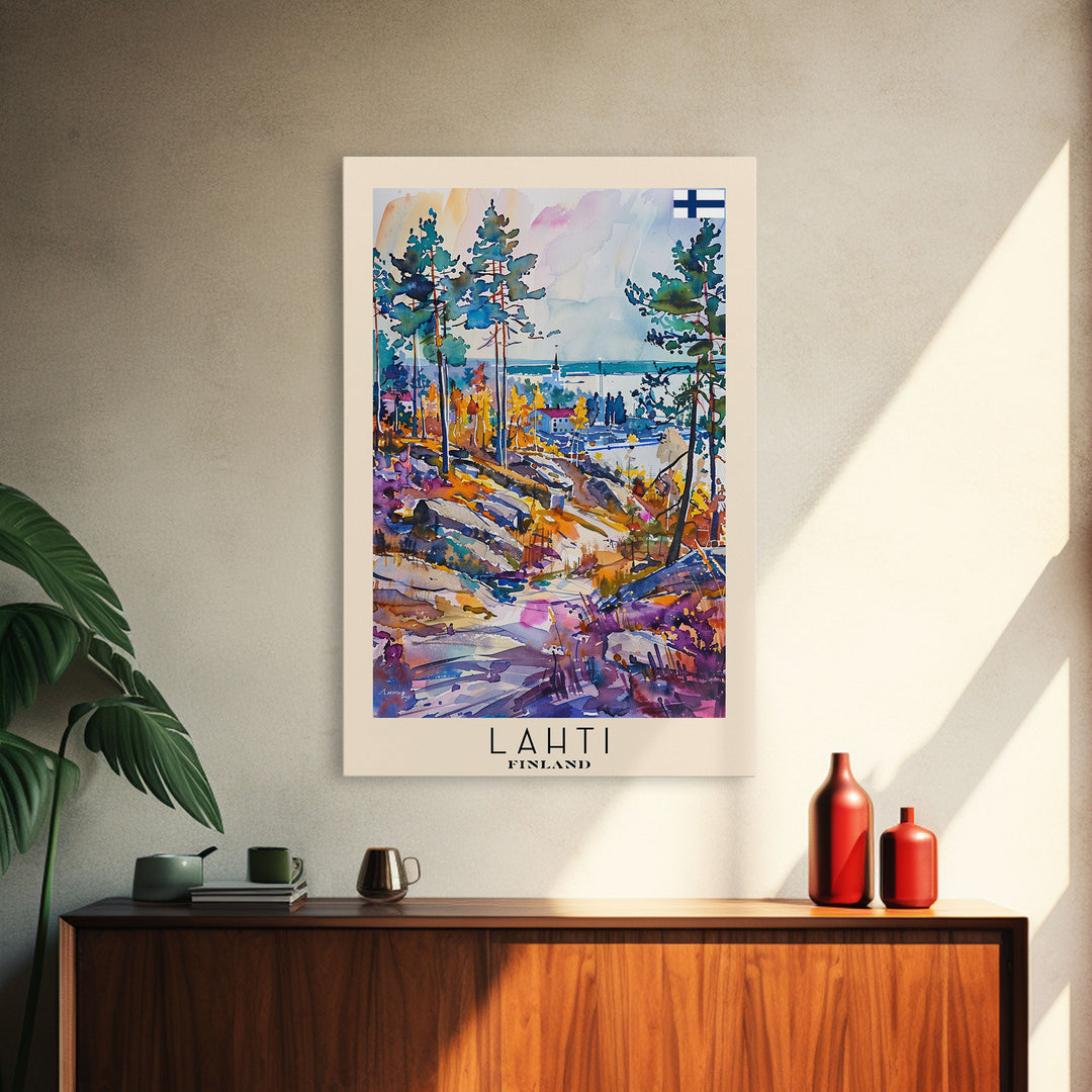 Lahti Finland Travel Poster Framed Canvas Print, Scenic Landscape, Watercolor Art, Wall Decor, Home Decoration, Travel Print, Original Painting