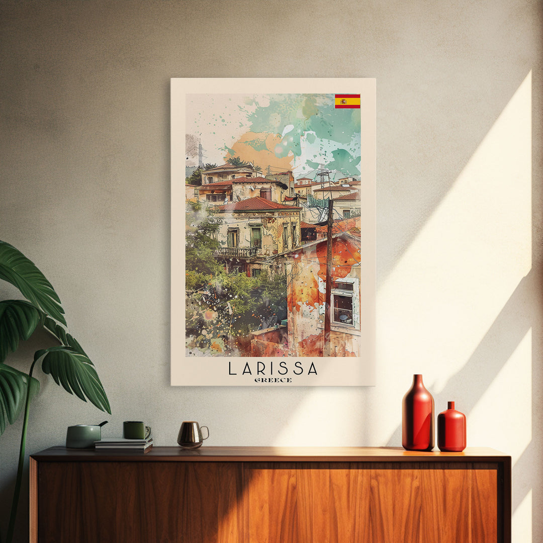 Larissa Greece Travel Poster Framed Canvas Print, Urban Landscape, Watercolor Art, Wall Decor, Home Decoration, Travel Print, Original Art