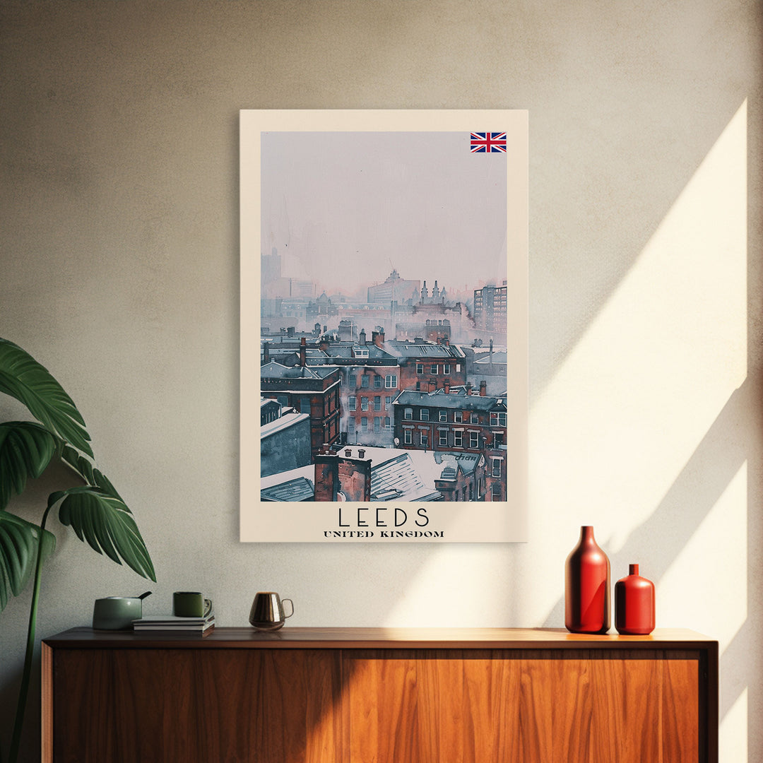 Leeds United Kingdom Travel Poster Framed Canvas Print, Urban Cityscape, Watercolor Art, Wall Decoration, Travel Print, Unique Art Gift
