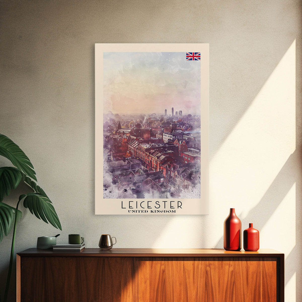 Leicester United Kingdom Travel Poster Framed Canvas Print, Historic Cityscape, Watercolor Art, Wall Decor, Home Decoration, Travel Print, Original Art