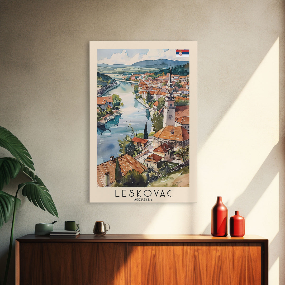 Leskovac Serbia Travel Poster Framed Canvas Print, Watercolor Cityscape, Wall Art, Home Decoration, Travel Print, Original Art, Artistic Gift